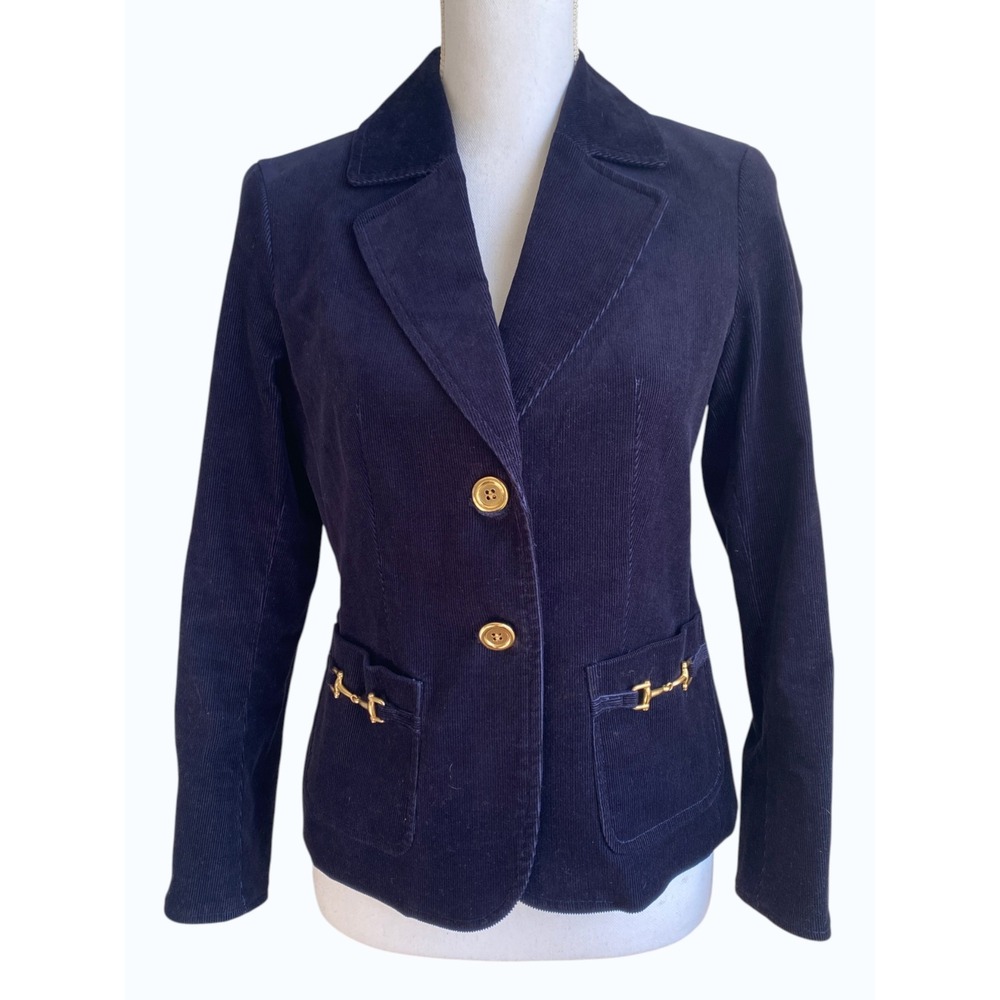 Talbots Petites Navy Corduroy Blazer Gold Buttons Equestrian Style Size 4P
